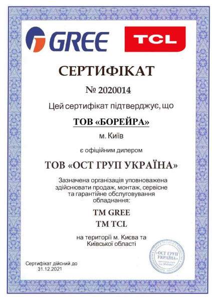 Сертифікат GREE Boreyra